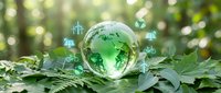 Glass globe with green world map surrounded by fresh leaves and eco-friendly icons representing environmental conservation and sustainability concepts.