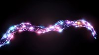 Glowing magical wave with sparkling particles and light trails in pink and blue colors on black background, abstract energy flow visualization for creative design.