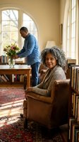 Senior African American woman with gray curly hair sitting in leather chair while husband arranges flowers in cozy home library with arched windows and bookshelves.