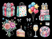 Colorful celebration clipart collection featuring gift boxes, shopping bag, balloons, flowers, cake slice, champagne glass, and decorative elements isolated on transparent background for t-shirt design, stickers, and print-on-demand projects.