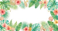 Tropical frame with hibiscus flowers, palm leaves and seashells on white background. Summer vacation border design for invitations and greeting cards.
