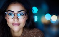 Young Hispanic woman wearing stylish eyeglasses smiles confidently against blurred city lights background, showcasing natural makeup and modern fashion style.