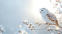 Small owl perched on winter branch with berries against soft blurred background. Wildlife photography concept for nature and bird watching themes.