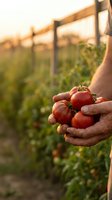 Farmer hands holding fresh ripe red tomatoes at sunset in organic vegetable garden with greenhouse structure in background for healthy eating concepts.