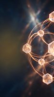 Glowing molecular structure with interconnected nodes and energy pathways on dark background for science technology presentations and research materials.