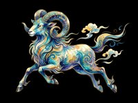 Ornate ram with flowing mane and tail in blue, gold, and cream tones, isolated on transparent background. Ready for t-shirt design, clipart, stickers, sublimation, and print-on-demand products.