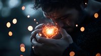 Glowing heart-shaped light cupped in hands against dark background with bokeh lights, creating magical atmosphere for romance and love concepts.