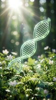 Transparent DNA double helix structure floating above green ferns with sunlight rays and bokeh background representing genetics biotechnology and natural science research.