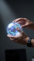 Male hands holding glowing digital sphere with blue and green energy waves, representing technology, innovation, and future concepts for business and digital transformation projects.