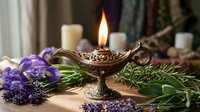 Ancient bronze oil lamp with burning flame surrounded by lavender flowers and herbs on wooden table creating mystical aromatherapy atmosphere for spa relaxation.