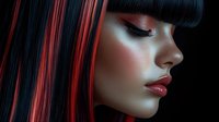Close-up profile of young woman with straight black hair featuring vibrant red highlights, wearing glamorous makeup on dark background.