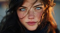 Young Caucasian woman with freckles and striking blue eyes in golden hour sunlight, natural beauty portrait with warm lighting for lifestyle content.
