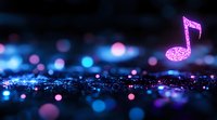 Glowing pink musical note floating over dark surface with blue bokeh lights creating magical atmosphere for music and entertainment concepts.