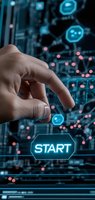 Finger pressing glowing start button on futuristic interface with neon blue lights and pink connection nodes, representing digital transformation and technological advancement.