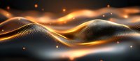 Abstract golden wave pattern with glowing particles and mesh structure on dark background creates dynamic flowing motion effect for technology designs.
