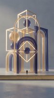 Futuristic architectural structure with glowing geometric frames, golden and navy blue arches, suspended spheres, and silhouetted figure for scale, modern design concept.