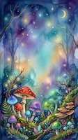Enchanted forest clearing with glowing mushrooms, bare trees, and magical starry night sky with crescent moon and colorful bokeh lights. Fantasy woodland scene for children's books, nursery decor, and whimsical designs.