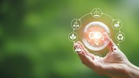Hand holding glowing brain with sustainable energy icons on green background representing eco-friendly innovation and environmental consciousness.