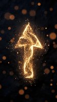 Glowing lightning bolt made of golden particles and sparks against dark textured background with bokeh lights, suitable for energy, power, and technology concepts.