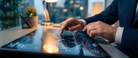 Professional businessman hands typing on laptop keyboard in modern office with city lights bokeh background during evening work session.