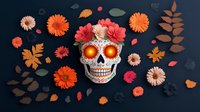 Mexican sugar skull with glowing orange eyes surrounded by orange and pink gerbera flowers, autumn leaves on dark background for Day of Dead celebration.