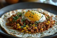 Savory breakfast taco with seasoned ground meat, corn, sunny side up egg and fresh herbs served on warm flour tortilla, close up view with selective focus.
