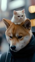 White Persian cat sitting on top of Shiba Inu dog's head, creating an adorable and unusual animal friendship moment captured in soft natural lighting with bokeh background.