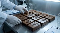 Chocolatier in white gloves arranging premium chocolate bars with cocoa percentage labels in professional kitchen for confectionery production.