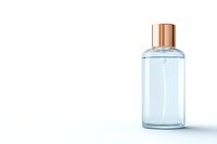 Clear glass bottle with rose gold cap on white background, minimalist cosmetic packaging design for skincare, fragrance or beauty product presentation.
