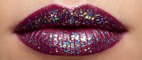 Deep burgundy lips with holographic glitter sparkle effect, cosmetic makeup application for beauty and fashion design projects.