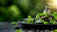 Fresh mint leaves with peppercorns and spices in dark bowl on wooden surface with natural green background and warm sunlight for culinary cooking.