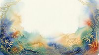 Watercolor frame with gold ornamental borders and soft pastel clouds in blue, orange, and green tones, isolated on white background for invitations, certificates, and design projects.