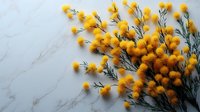 Yellow fluffy mimosa flowers on marble background with copy space. Spring floral arrangement with delicate branches and golden blooms for greeting cards.
