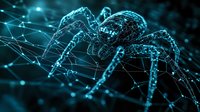 Digital spider in glowing cyan network web against dark background, geometric lines and nodes creating futuristic cybersecurity concept visualization.