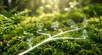 Green moss forest floor with glowing white eco-friendly icons connected by flowing lines representing sustainable technology and environmental conservation.