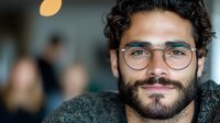 Young Hispanic man with beard and glasses smiling confidently at camera. Professional headshot featuring warm lighting, shallow depth of field, and modern eyewear style.