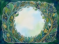 Watercolor botanical frame with lush green leaves, branches, and swirls forming a circular border with soft blue-green center copy space.