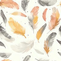 Delicate floating feathers in peach, yellow and gray create seamless pattern on white background. Gentle dots accent ethereal plumes for textile and wallpaper design.