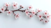 Delicate pink cherry blossoms branch with soft white petals against light background, spring flowering tree branch in full bloom creates gentle curved line.