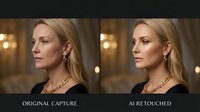 Young adult woman with blonde hair and fair complexion wearing pearl earrings and chain necklace against warm bokeh background. Before and after comparison showing original and retouched versions for beauty, skincare, or cosmetics marketing.