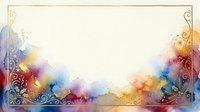 Watercolor ink wash with ornamental gold filigree corners on cream background, vibrant rainbow colors bleeding and blending, isolated design element for invitations, cards, and creative projects.