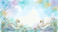 Two elegant swans glide among water lilies and aquatic plants in soft watercolor style, featuring pastel blue, purple, and yellow tones with white space for text overlay and design applications.