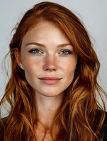 Young Caucasian woman with long wavy red hair and freckles smiling at camera against neutral background for beauty and lifestyle concepts.