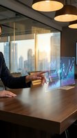 Businesswoman in dark blazer pointing at holographic financial charts and stock market data on transparent display in modern office with city skyline view.