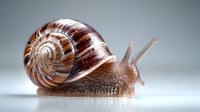 Detailed macro photography of garden snail crawling on reflective surface showing spiral shell pattern, natural texture and slow movement in soft lighting conditions.