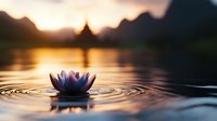 Serene water lily floating on rippling water at sunset with temple silhouette and mountains in background, creating peaceful zen atmosphere for wellness and meditation.