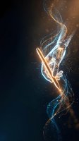 Futuristic digital hand holding glowing golden pen with flowing energy streams and circuit patterns for creative technology and innovation concepts.