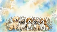 Adorable puppy lineup with golden retriever, pug, beagle, bulldog and cavalier king charles spaniel sitting together surrounded by decorative botanical elements.
