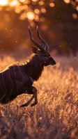 Majestic antelope silhouette in golden sunset light with warm bokeh background creating dramatic wildlife photography composition for nature and safari themes.