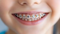 Close up view of young Asian female smiling mouth with metal braces and colorful elastic bands showing dental orthodontic treatment progress for teeth alignment.
